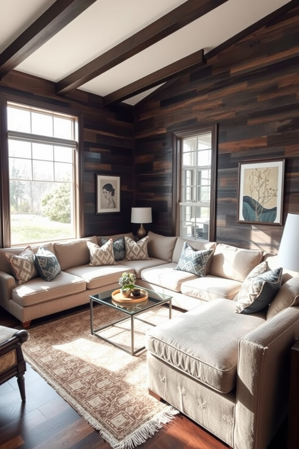 A cozy living room featuring a dark wood accent wall that adds warmth and depth to the space. The room is furnished with a plush sectional sofa in neutral tones, complemented by decorative throw pillows and a stylish coffee table. Natural light streams in through large windows, highlighting the rich textures of the wood and the soft fabrics. A tasteful area rug anchors the seating area, while artwork on the walls adds a personal touch to the inviting atmosphere.