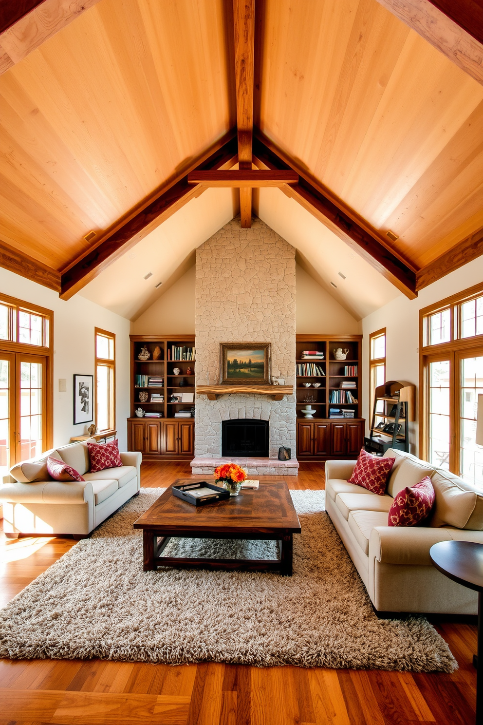 A cozy living room featuring a vaulted ceiling supported by exposed wooden beams. The space is adorned with a large sectional sofa in a neutral tone, complemented by a rustic wooden coffee table and a plush area rug. Warm sunlight filters through large windows, illuminating the room and highlighting the natural wood accents. A stone fireplace serves as the focal point, surrounded by built-in shelves filled with books and decorative items.