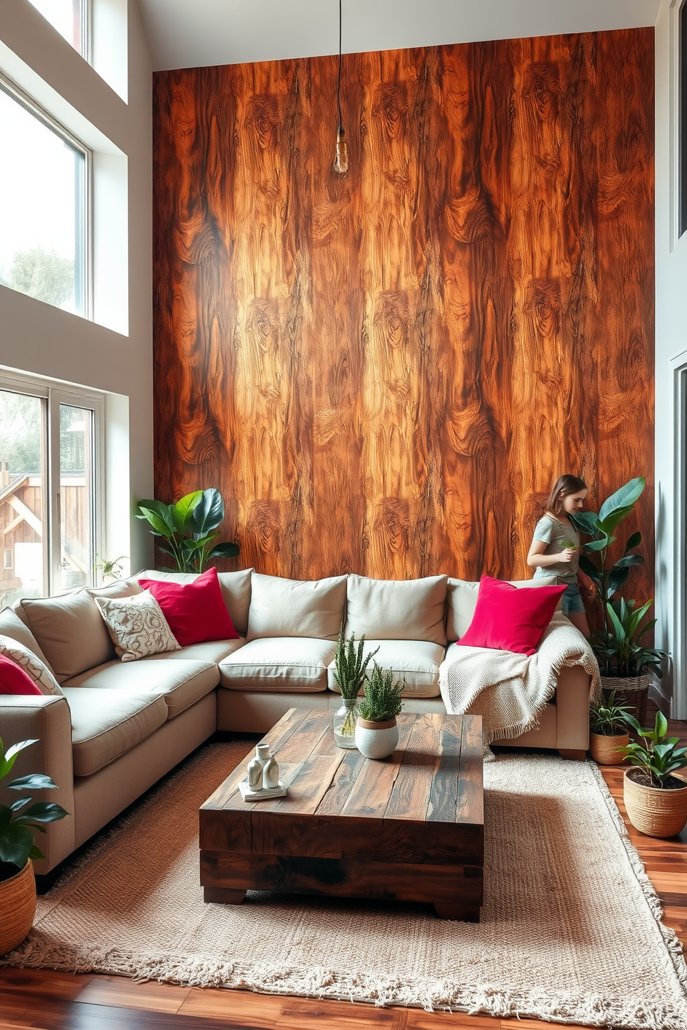 Textured wood wallpaper creates a stunning focal point in the living room. The space features a plush sectional sofa in a neutral tone, accented by vibrant throw pillows, and a rustic coffee table made of reclaimed wood. Natural light floods the room through large windows, highlighting the rich textures of the wallpaper. A cozy area rug anchors the seating arrangement, while a collection of indoor plants adds a touch of greenery and warmth.