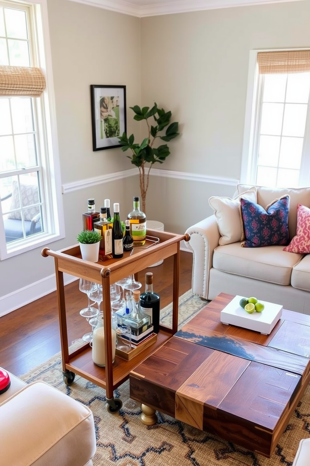 A stylish wooden bar cart stands elegantly in the corner of the living room, showcasing an array of fine spirits and glassware. It is adorned with a small potted plant and a decorative tray, inviting guests to enjoy a drink in a warm and inviting atmosphere. The living room features a cozy arrangement of plush sofas in neutral tones, accented by vibrant throw pillows. A large area rug anchors the space, while a statement coffee table made of reclaimed wood adds character and charm to the design.