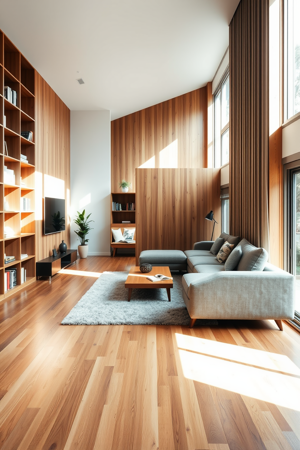 A modern living room that uses wood to define different areas. The space features a warm wooden floor that contrasts with a cozy, soft area rug in the center. To the left, a wooden bookshelf lines the wall, filled with books and decorative items. A sleek wooden coffee table sits in front of a plush sectional sofa, creating a welcoming seating area. The room is illuminated by natural light streaming through large windows, highlighting the rich textures of the wood. A wooden divider subtly separates the living space from a small reading nook, enhancing the room's functionality.