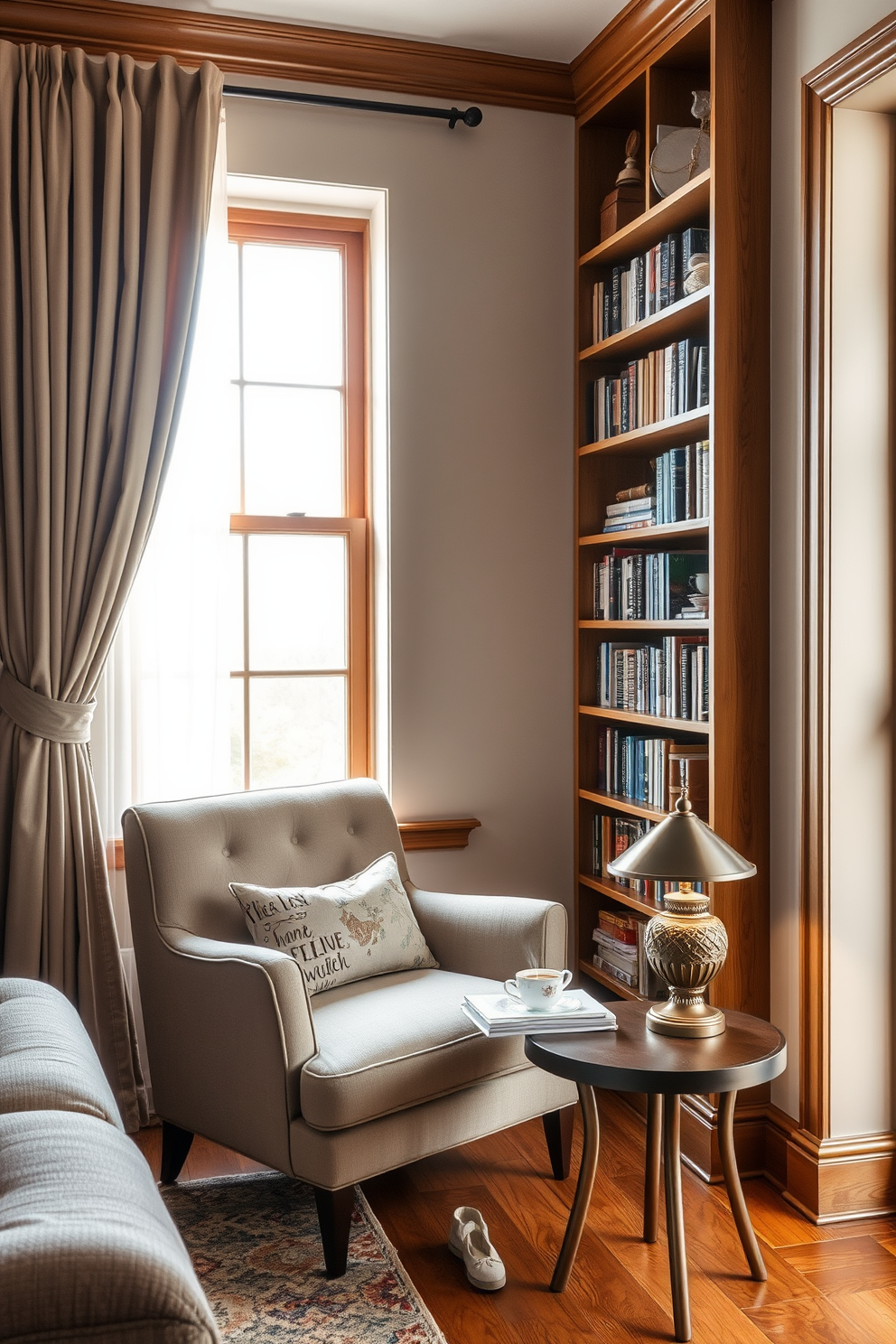 Create a cozy reading nook with warm wood accents. A plush armchair is positioned beside a tall bookshelf filled with books and decorative items. Natural light streams in through a large window adorned with soft curtains. A small side table holds a steaming cup of tea and a decorative lamp for evening reading.