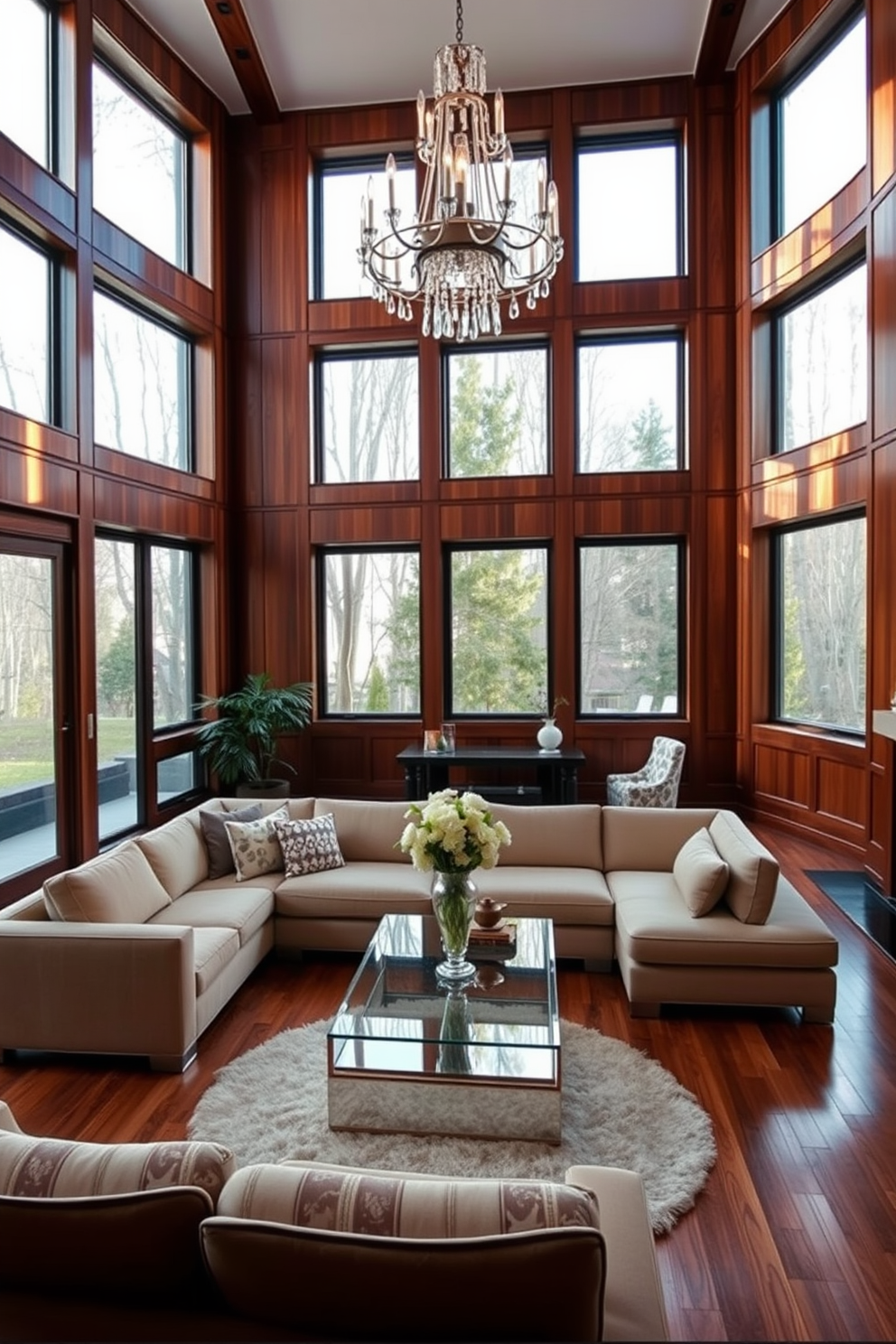 Wooden paneling adds warmth and elegance to a sophisticated living room. The space features a plush sectional sofa in a neutral tone, complemented by a sleek coffee table made of glass and metal. Large windows allow natural light to flood the room, highlighting the rich textures of the wood. A statement chandelier hangs from the ceiling, creating a focal point above the seating area.