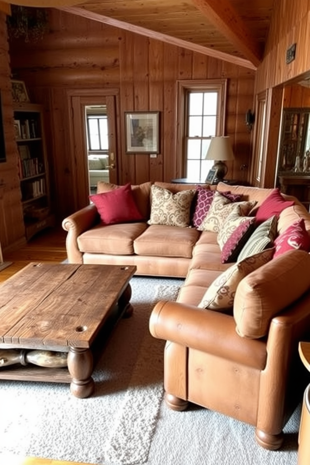 A cozy wood living room features a large sectional sofa adorned with colorful cushions in various patterns and textures. The warm wooden tones of the furniture create a welcoming atmosphere, complemented by a rustic coffee table and a soft area rug underneath.