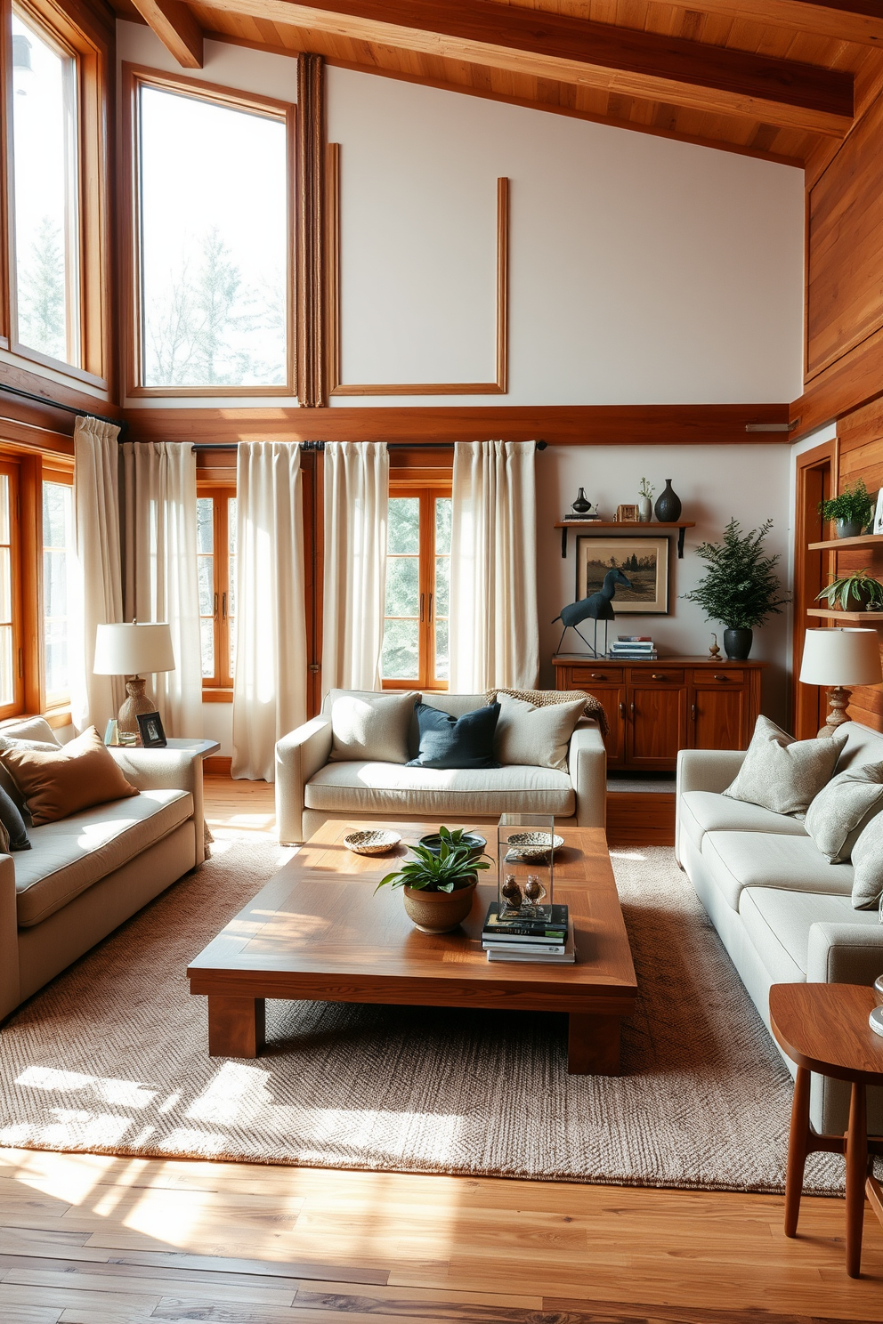 A warm and inviting living room featuring rich wooden accents throughout the space. The focal point is a large wooden coffee table surrounded by plush sofas in neutral tones, complemented by wooden side tables and decorative wooden shelves on the walls. Natural light floods the room through large windows adorned with soft linen curtains. A cozy area rug anchors the seating arrangement, while a few potted plants add a touch of greenery and life to the design.