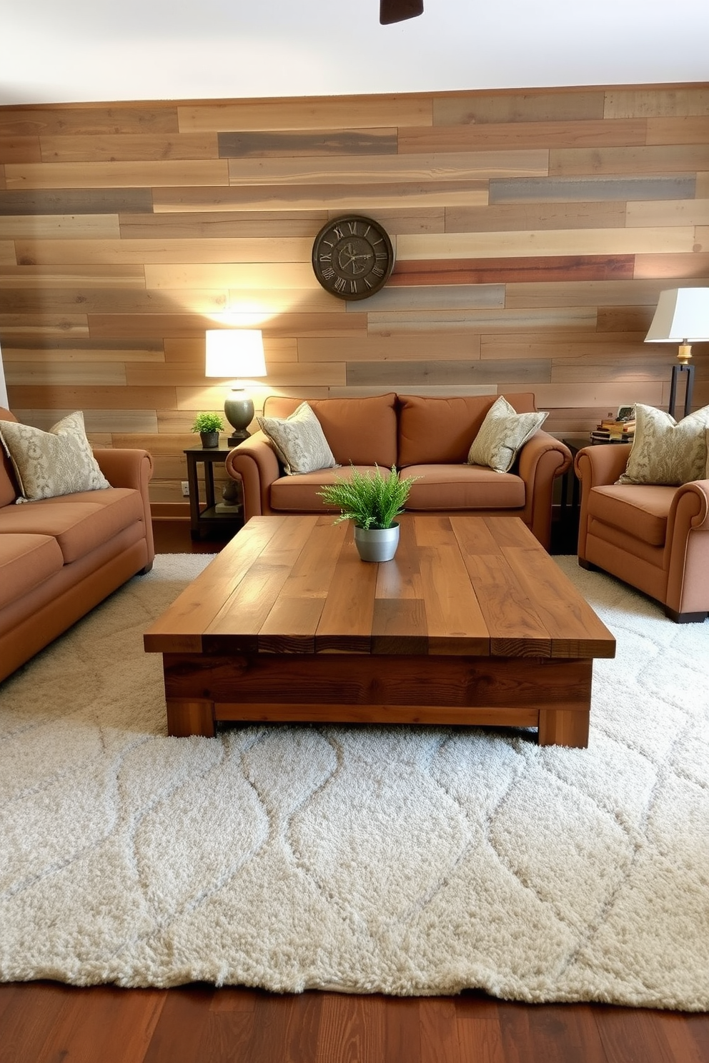 A rustic wood coffee table serves as the centerpiece of the living room, showcasing its natural grain and texture. Surrounding the table are plush sofas in earthy tones, creating a warm and inviting atmosphere. The walls are adorned with reclaimed wood paneling, enhancing the rustic charm of the space. A cozy area rug in neutral colors anchors the seating arrangement, while soft lighting from vintage-style lamps adds to the inviting ambiance.