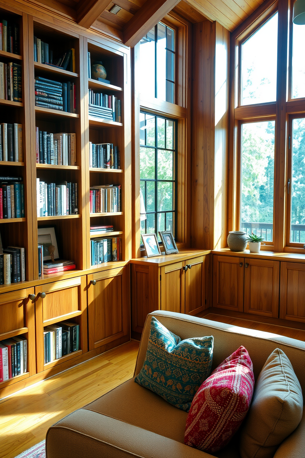 A cozy living room featuring wooden bookcases that provide organized storage. The bookcases are filled with neatly arranged books and decorative items, creating a warm and inviting atmosphere. The room includes a plush sofa in a neutral tone, complemented by colorful throw pillows. Natural light pours in through large windows, enhancing the wood's rich texture and creating a serene space for relaxation.