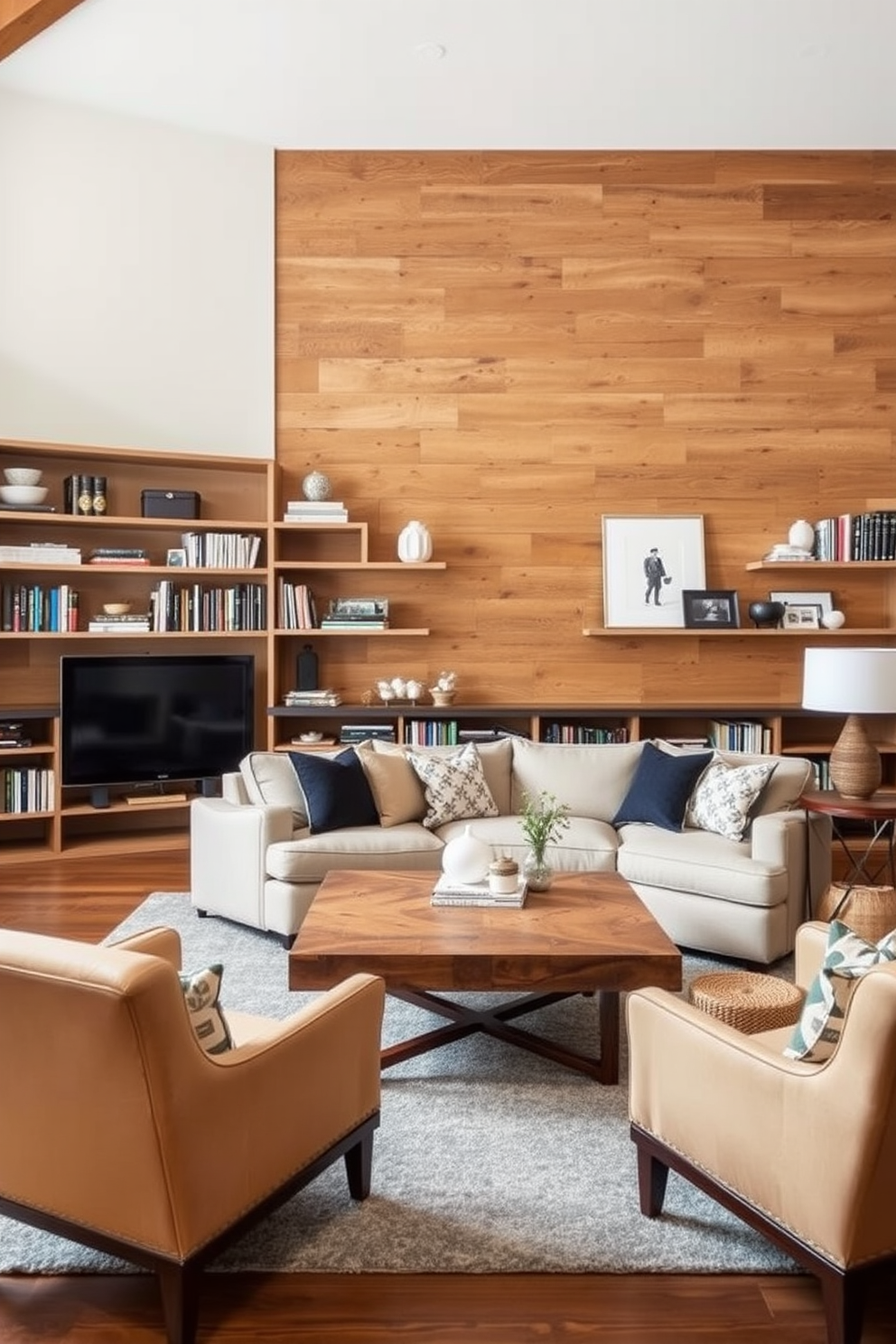 A cozy living room featuring open shelving with wooden brackets that showcase a curated collection of books and decorative items. The shelves are complemented by a warm wood accent wall that adds texture and depth to the space. A comfortable sectional sofa in neutral tones is positioned to create an inviting seating area. A large area rug anchors the space, while a wooden coffee table adds a rustic touch, surrounded by stylish accent chairs.