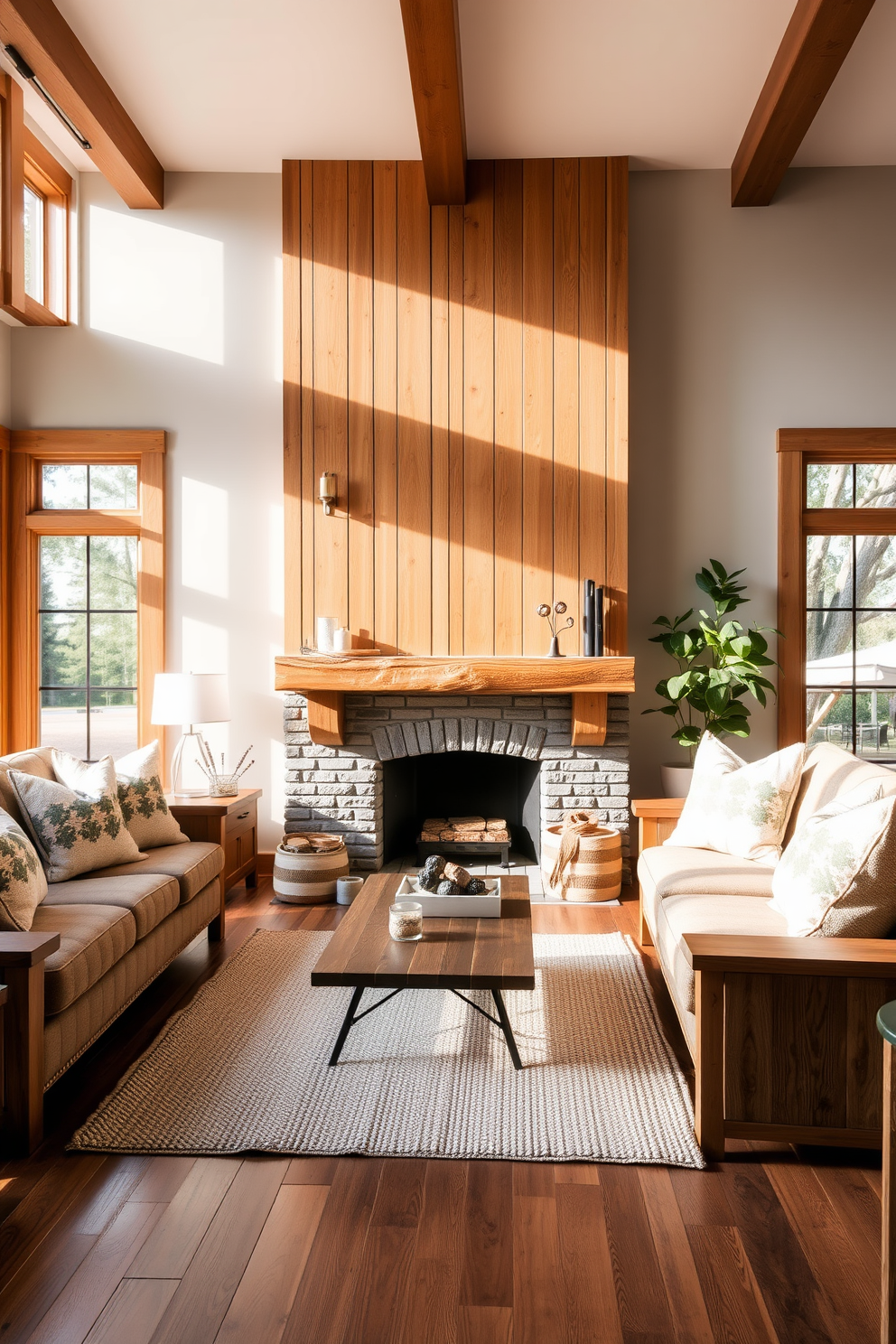 A wooden fireplace mantel serves as the focal point of a cozy living room. Surrounding it are plush sofas adorned with soft throw pillows, creating an inviting atmosphere. Natural light streams in through large windows, illuminating the warm wood tones of the furniture. A textured area rug anchors the seating area, adding comfort and style to the space.