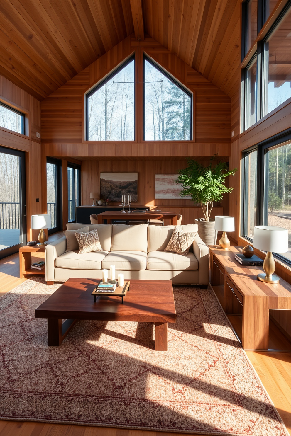 A warm and inviting living room featuring a mix of wood tones for visual interest. The space includes a rich walnut coffee table paired with light oak side tables, creating a beautiful contrast. The walls are adorned with natural wood paneling, complemented by a plush beige sofa and a cozy area rug. Floor-to-ceiling windows allow ample natural light to flood the room, enhancing the warm wood tones throughout.