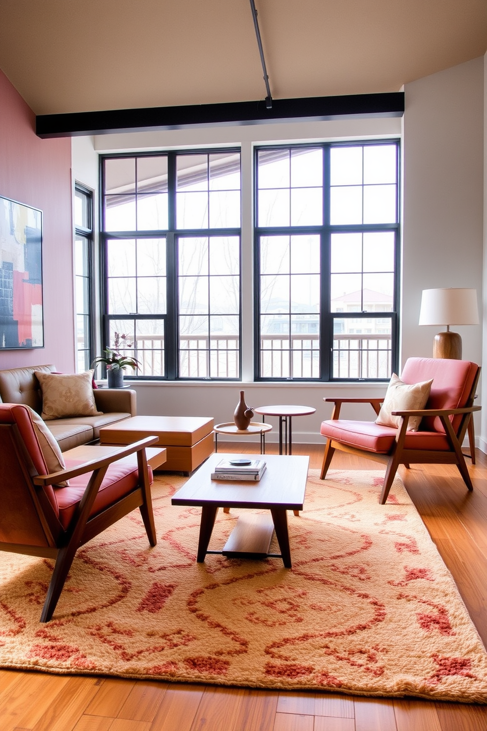 A cozy living room featuring mid-century modern wooden furniture pieces. The space includes a sleek wooden coffee table and a pair of elegant armchairs with tapered legs, complemented by a soft area rug in warm tones. The walls are adorned with abstract art that reflects the color palette of the furniture. Large windows allow natural light to fill the room, enhancing the inviting atmosphere.