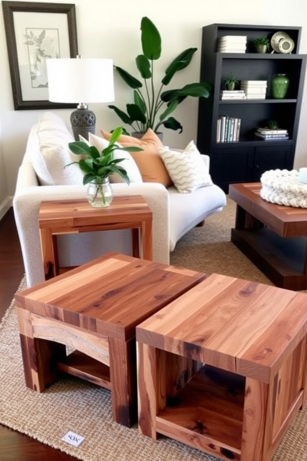 Reclaimed wood side tables add character and warmth to a living room setting. The natural textures and unique finishes of the wood create a cozy and inviting atmosphere. Incorporate these tables alongside a plush sofa and a statement coffee table. Use a neutral color palette with pops of greenery to enhance the overall aesthetic.