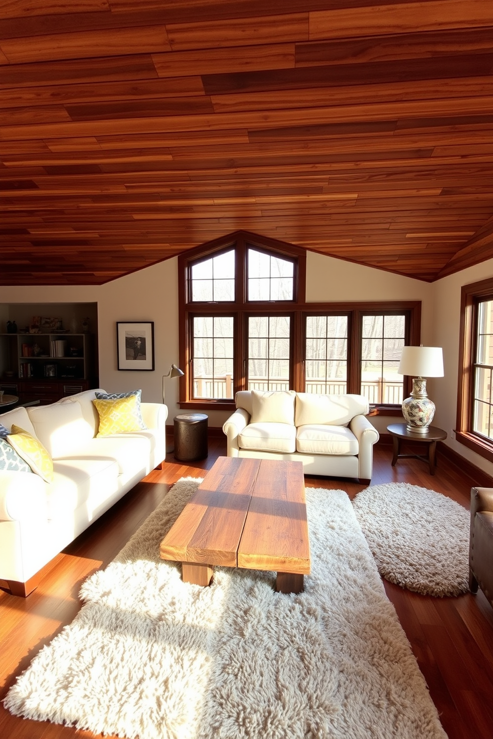 A cozy living room featuring wooden ceiling planks that add warmth and texture to the space. The room is furnished with a large, comfortable sectional sofa in a neutral tone and accented with colorful throw pillows. A rustic coffee table made from reclaimed wood sits in the center, surrounded by plush area rugs. Large windows allow natural light to flood the room, highlighting the rich grain of the wooden ceiling.