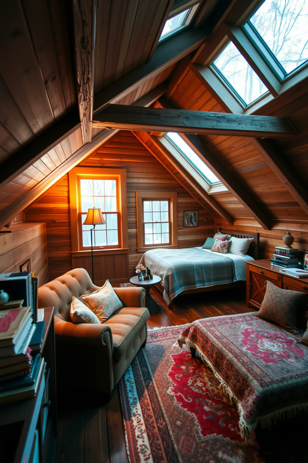 Cozy wood-paneled reading nook with a plush armchair and a small side table. Soft lighting from a nearby floor lamp creates a warm ambiance, while a collection of books is neatly arranged on a rustic wooden shelf. Wooden attic room design featuring exposed beams and large skylights. A comfortable bed with layered textiles invites relaxation, and a cozy seating area is enhanced by a vintage rug and decorative pillows.