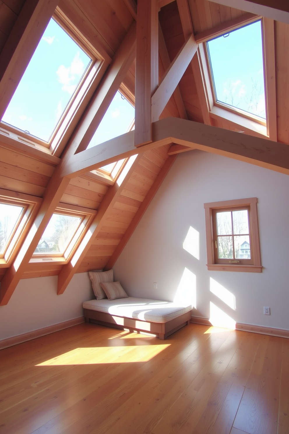 A cozy wooden attic room bathed in natural light from large skylight windows. The space features exposed wooden beams and a warm wooden floor, creating an inviting atmosphere. A comfortable seating area with plush cushions is positioned near the skylights, perfect for reading or relaxation. Soft, neutral colors adorn the walls, enhancing the light and airy feel of the room.