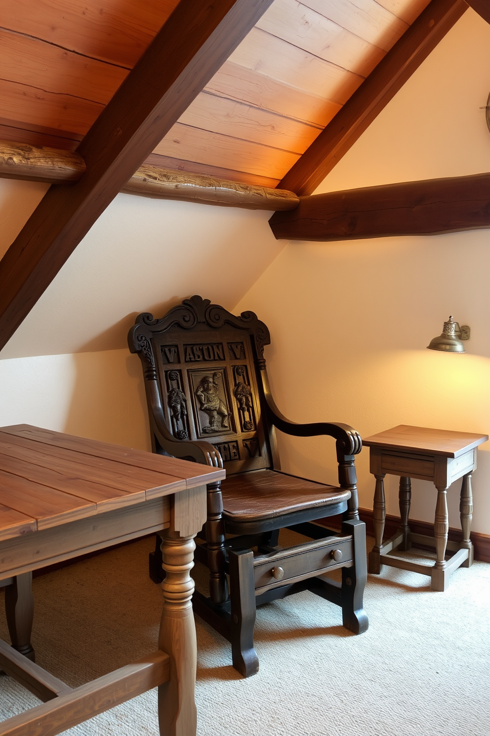 A vintage wooden armchair with intricate carvings sits in the corner of the attic room. A rustic wooden table with a distressed finish complements the furniture, creating a cozy and inviting atmosphere. The walls are adorned with exposed wooden beams, adding warmth and charm to the space. Soft, warm lighting illuminates the room, highlighting the natural textures of the wooden furniture and creating a serene ambiance.