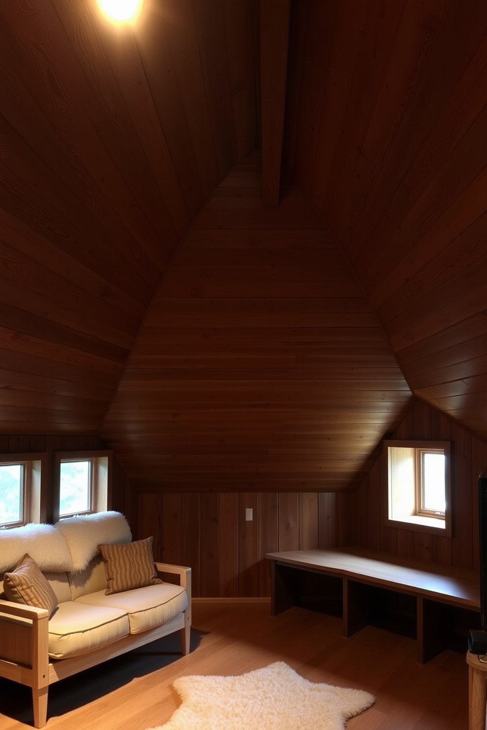 Textured wood ceiling adds warmth and depth to the space. The wooden attic room features cozy nooks with plush seating and soft lighting.