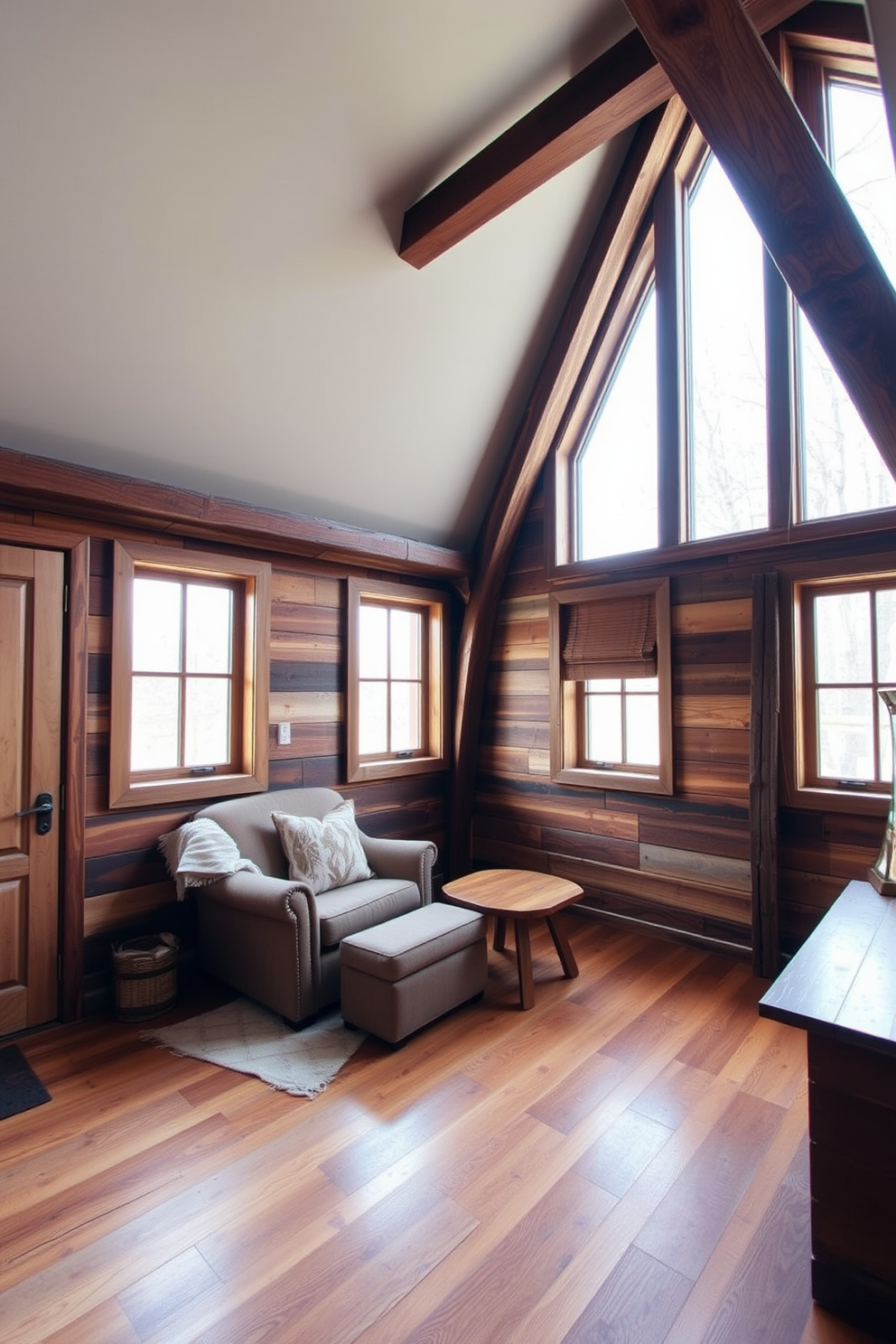 A cozy attic room featuring reclaimed wood beams and a warm wooden floor creates an inviting atmosphere. The walls are adorned with rustic wooden panels, and large windows allow natural light to flood the space. A comfortable seating area includes a plush armchair and a small wooden table, perfect for reading or relaxing. Soft textiles in earthy tones complement the natural wood elements, enhancing the sustainable design aesthetic.