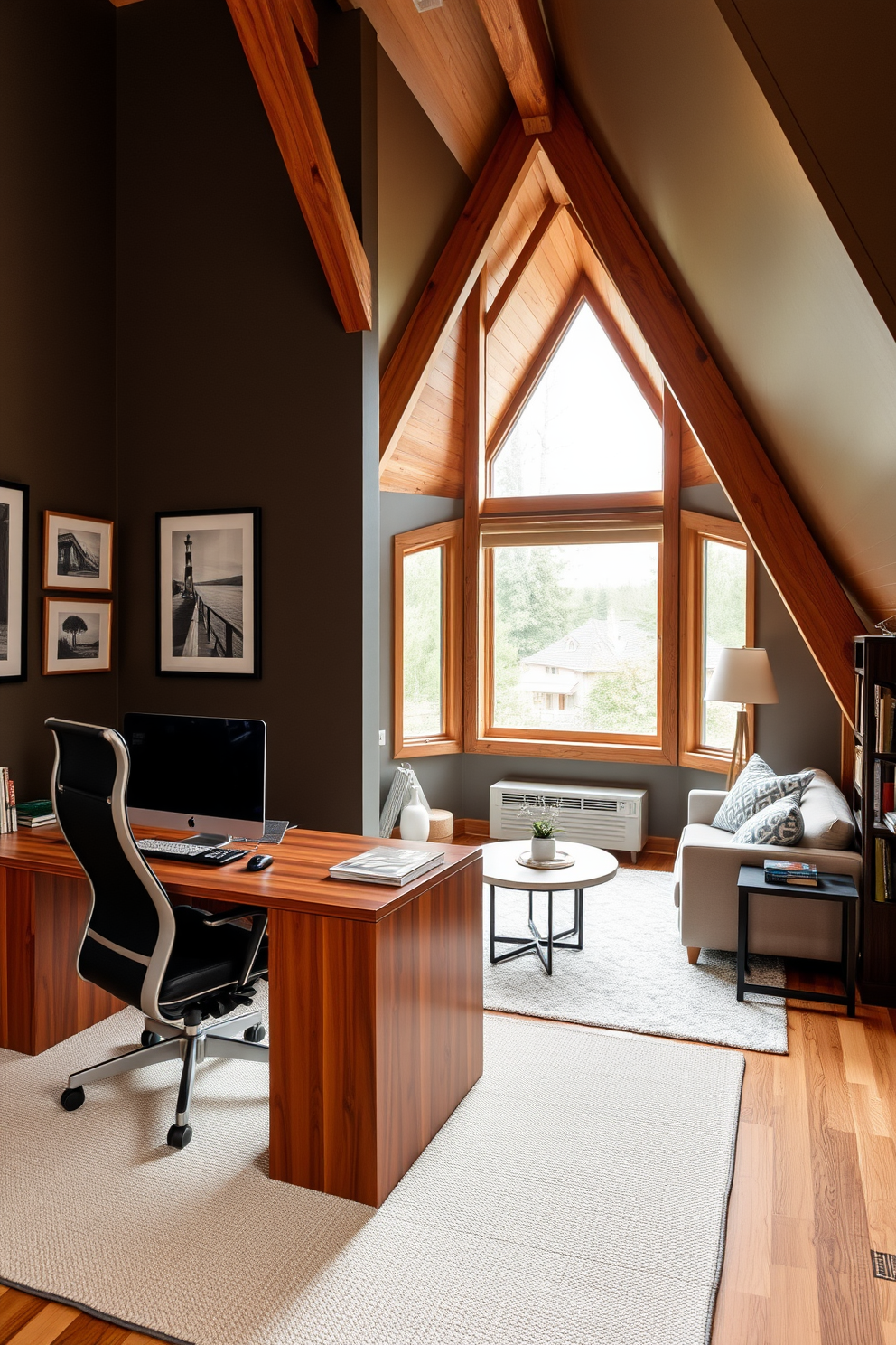 A stylish home office featuring a wooden desk with a sleek design and a comfortable ergonomic chair. The walls are adorned with framed artwork, and a large window allows natural light to flood the space. A cozy attic room designed with wooden beams and a sloped ceiling. A plush seating area with a small coffee table invites relaxation, while a bookshelf filled with books adds character to the room.