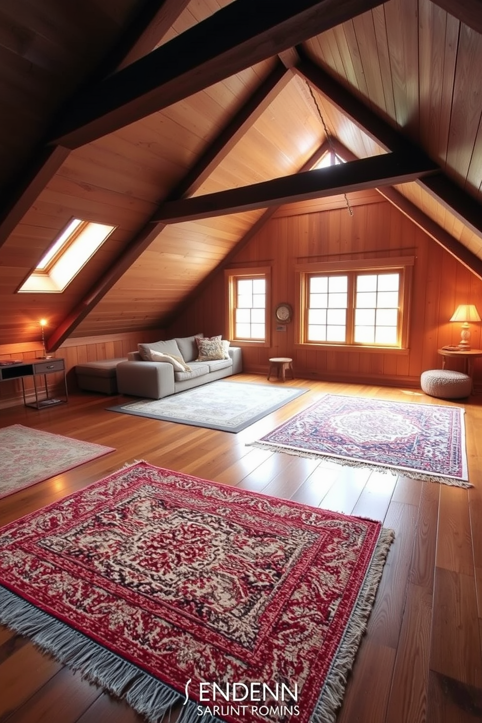 A cozy attic room features layered rugs placed over rich wooden floors, creating a warm and inviting atmosphere. Soft textures and colors in the rugs complement the natural wood, enhancing the room's charm and character. The design incorporates sloped ceilings adorned with exposed beams, adding architectural interest to the space. Large windows allow natural light to flood in, illuminating the layered rugs and highlighting the cozy seating area.