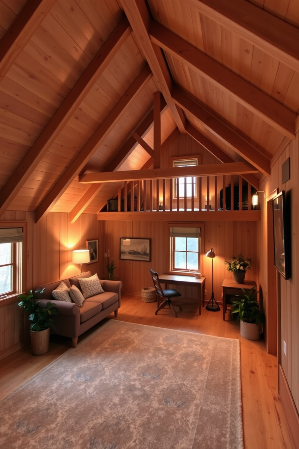 A cozy wooden attic room featuring exposed beams and wooden railings for safety and style. The room is furnished with a plush seating area, a small desk by the window, and warm ambient lighting that enhances the natural wood tones. The walls are lined with soft, neutral-colored panels, creating a serene atmosphere. A large area rug adds comfort underfoot, while decorative elements like plants and artwork personalize the space.