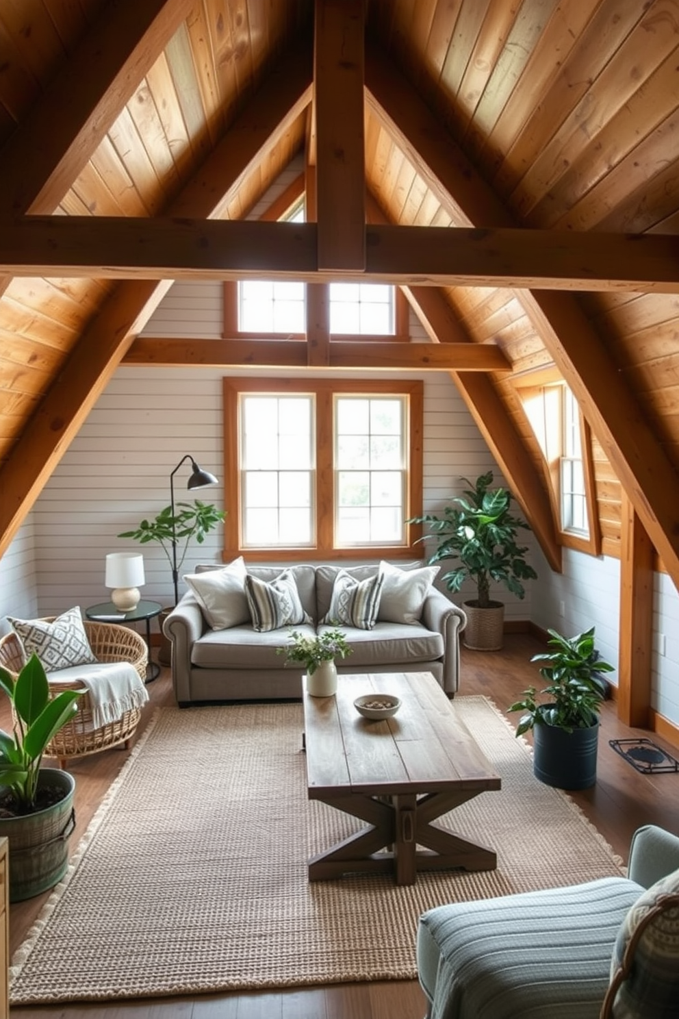 A cozy farmhouse-style attic room features exposed wooden beams that create a warm and inviting atmosphere. The walls are clad in shiplap, and large windows allow natural light to flood the space, highlighting the rustic charm. A comfortable seating area includes a plush sofa adorned with soft throw pillows and a vintage coffee table made from reclaimed wood. A woven rug adds texture to the floor, while potted plants bring a touch of greenery to the design.