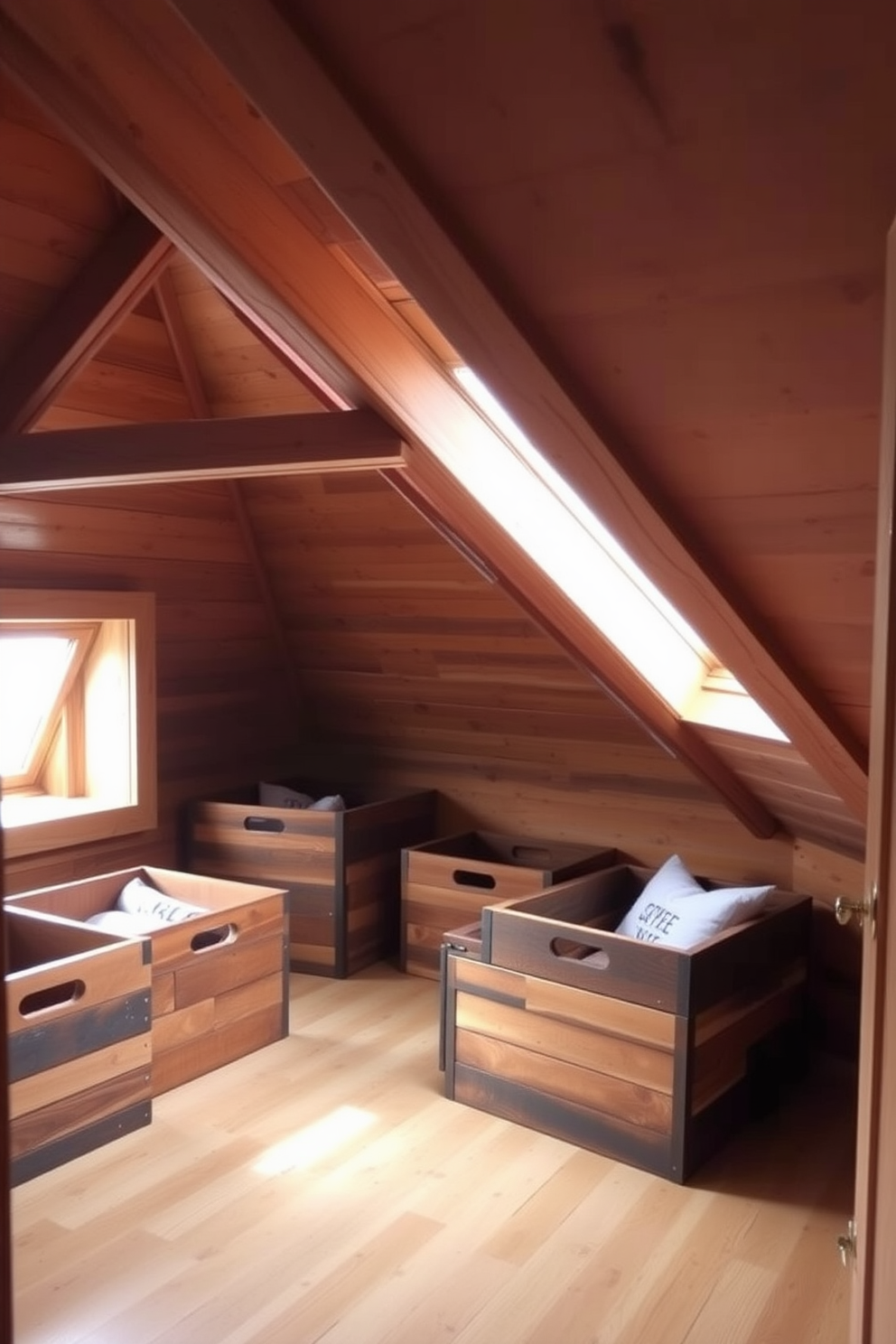 Wooden storage boxes for organization. These boxes are crafted from reclaimed wood, showcasing a rustic charm while providing functional storage solutions. Wooden attic room design ideas. The space features sloped ceilings with exposed beams, and cozy nooks filled with natural light from skylights.