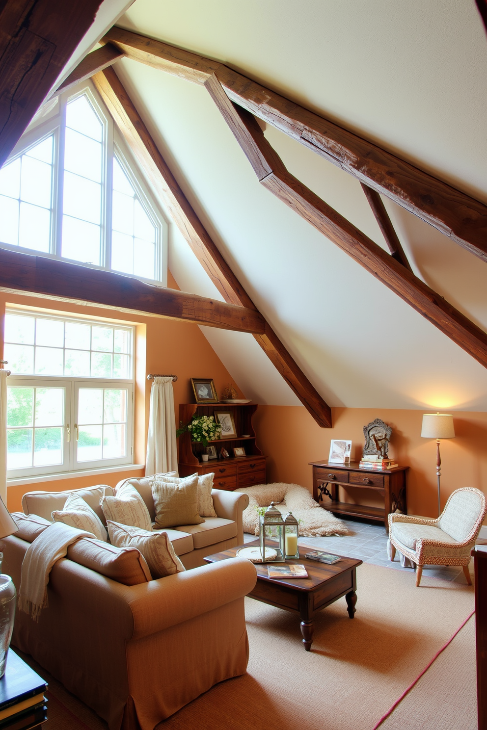 A cozy attic room featuring rustic wooden beams that enhance the structural charm of the space. The room is adorned with soft, neutral textiles and a large window that floods the area with natural light. A comfortable seating area is created with a plush sofa and a vintage coffee table, inviting relaxation. The walls are painted in a warm, earthy tone, complementing the exposed beams and wooden accents throughout the room.