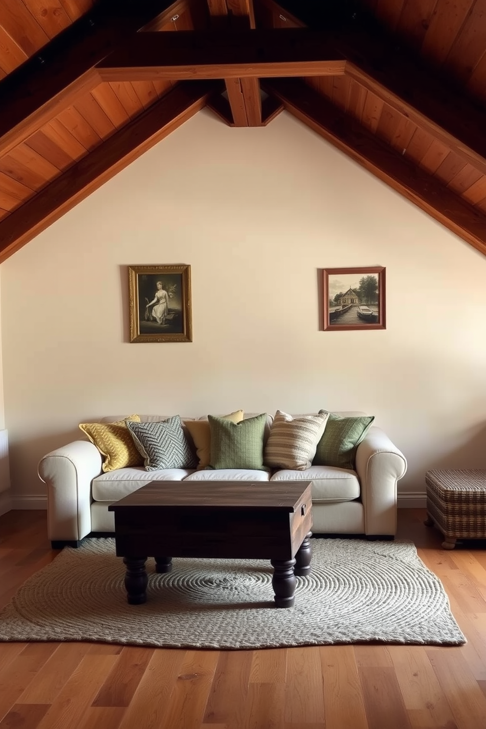 A cozy wooden attic room featuring a neutral palette with warm wooden highlights. The walls are painted in a soft beige, and the ceiling showcases exposed wooden beams that add character to the space. A comfortable seating area includes a plush cream-colored sofa adorned with textured throw pillows. A rustic wooden coffee table sits in front of the sofa, complemented by a woven area rug that adds warmth to the floor.