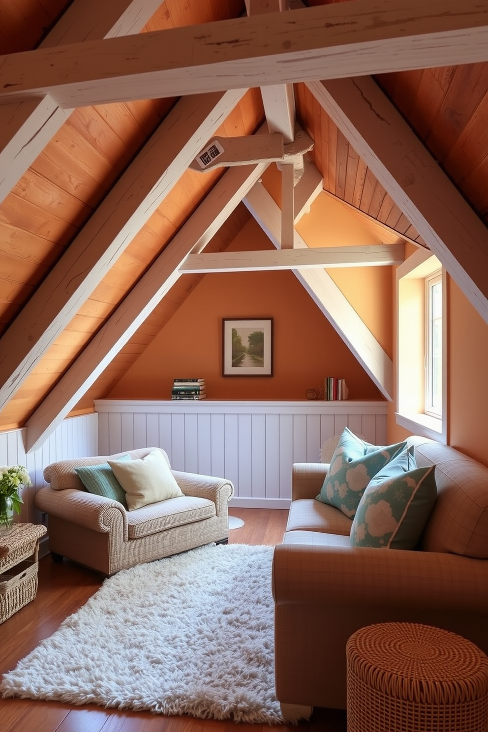 A cozy attic room featuring wooden beams painted white for contrast. The space is adorned with soft, textured furnishings and a large window that invites natural light. The walls are painted in a warm, neutral tone, enhancing the rustic charm of the wooden beams. A plush area rug anchors the seating area, while decorative pillows add a pop of color and comfort.