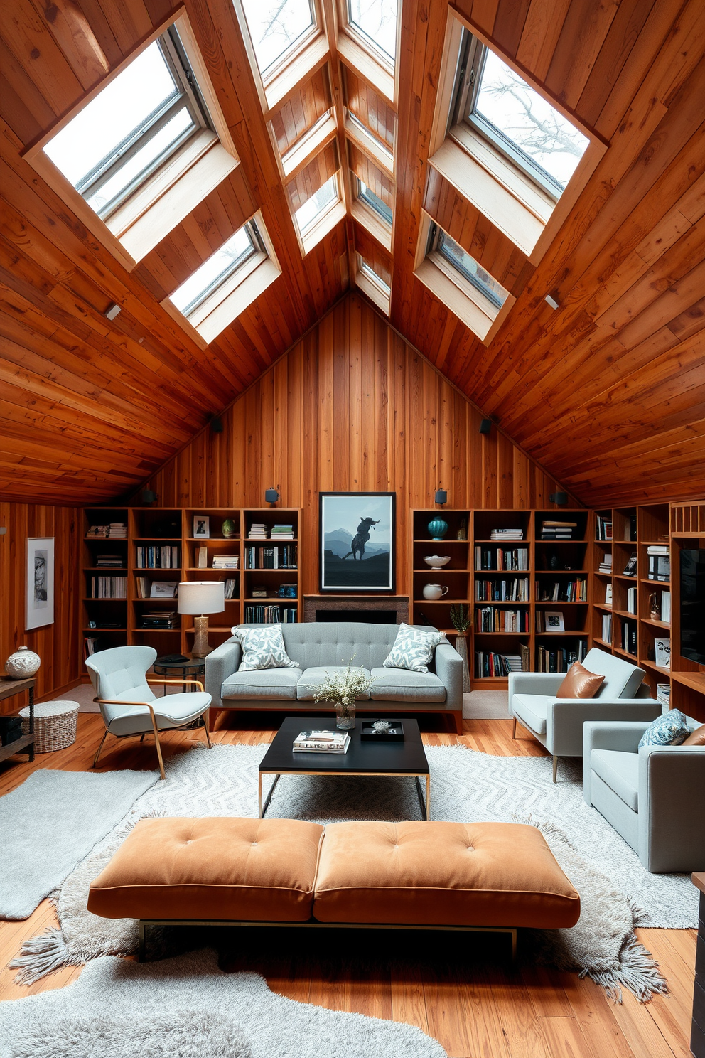 A cozy wooden attic room with sloped ceilings and large skylights letting in natural light. The walls are adorned with warm wooden paneling, complemented by modern furniture pieces in neutral tones. A stylish seating area features a plush sofa and a sleek coffee table, surrounded by bookshelves filled with books and decorative items. Soft area rugs add texture to the wooden floor, creating an inviting atmosphere.