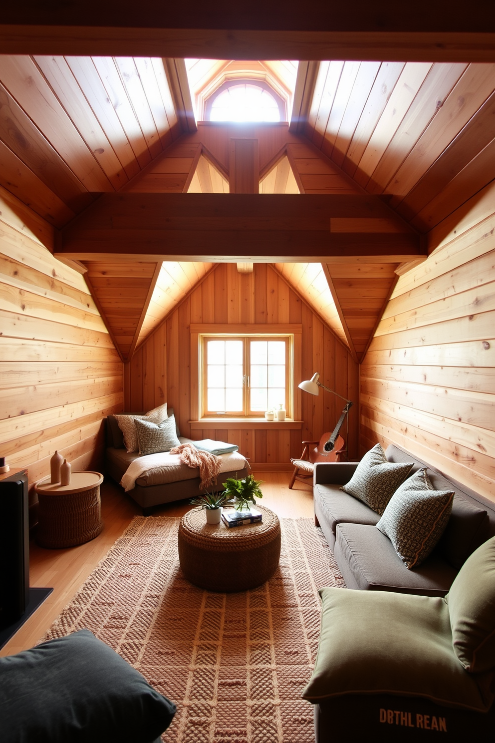 A cozy wooden attic room featuring earthy tones throughout. The walls are lined with warm wood paneling, and the ceiling showcases exposed wooden beams. A plush area rug in natural fibers anchors the space, while a large window allows for ample natural light. Soft furnishings in muted greens and browns create a harmonious and inviting atmosphere.