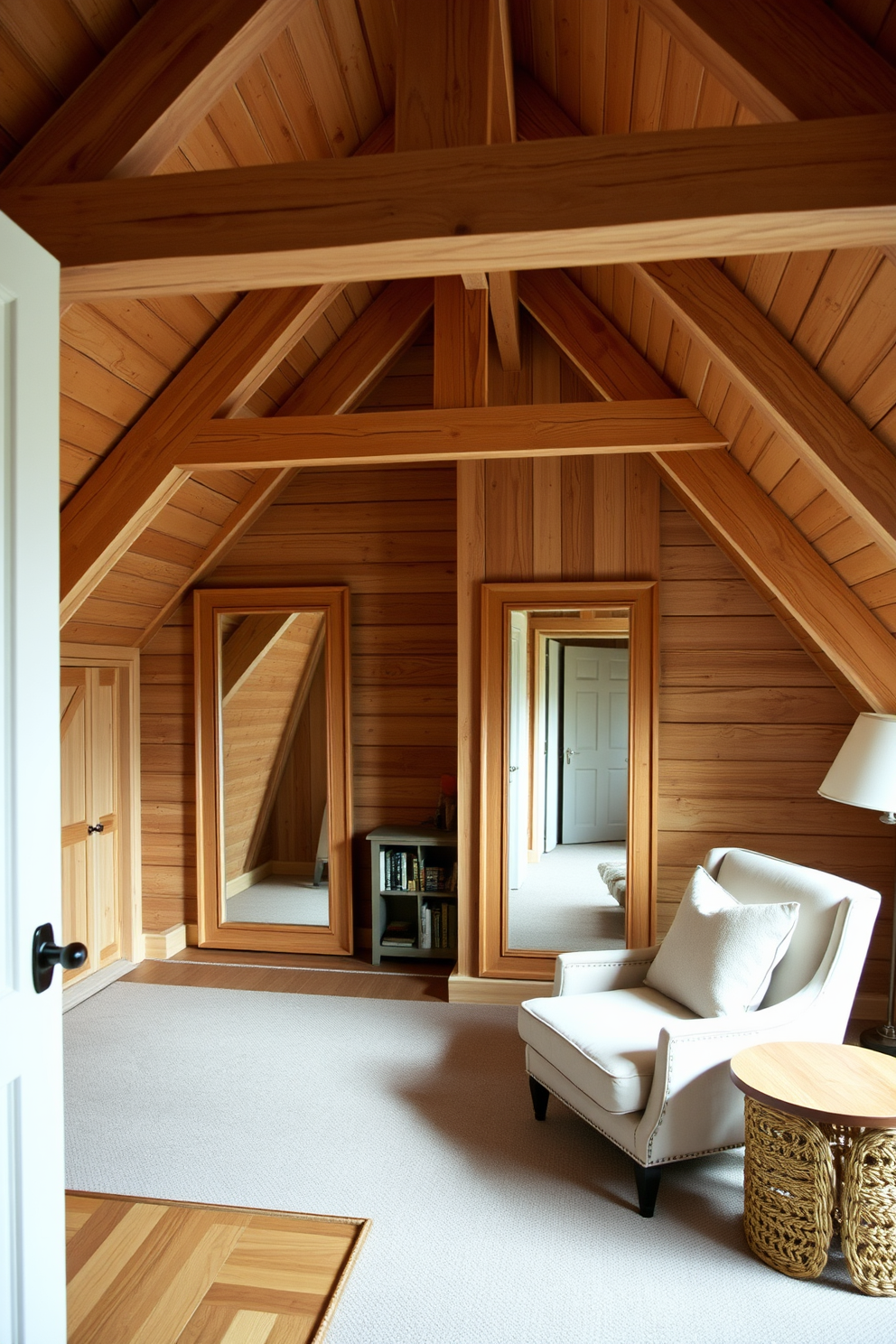 A cozy wooden attic room featuring sloped ceilings and exposed beams. The design includes large wooden frame mirrors strategically placed to enhance the sense of space and light. Natural wood finishes complement soft, neutral textiles for a warm atmosphere. A reading nook with a plush armchair and a small bookshelf creates an inviting corner for relaxation.