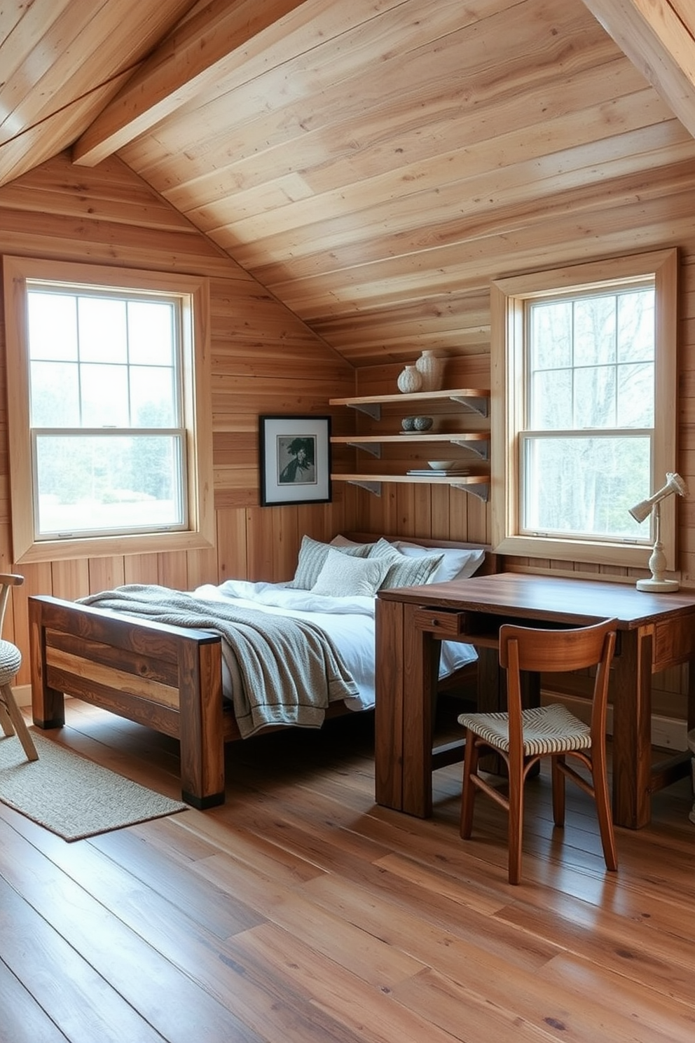 A cozy attic room with natural wood finishes throughout. The furniture includes a reclaimed wood bed frame, a rustic wooden desk, and shelves made from polished timber. Large windows allow natural light to flood the space, highlighting the warm tones of the wood. Soft textiles in neutral colors complement the wooden elements, creating a serene and inviting atmosphere.