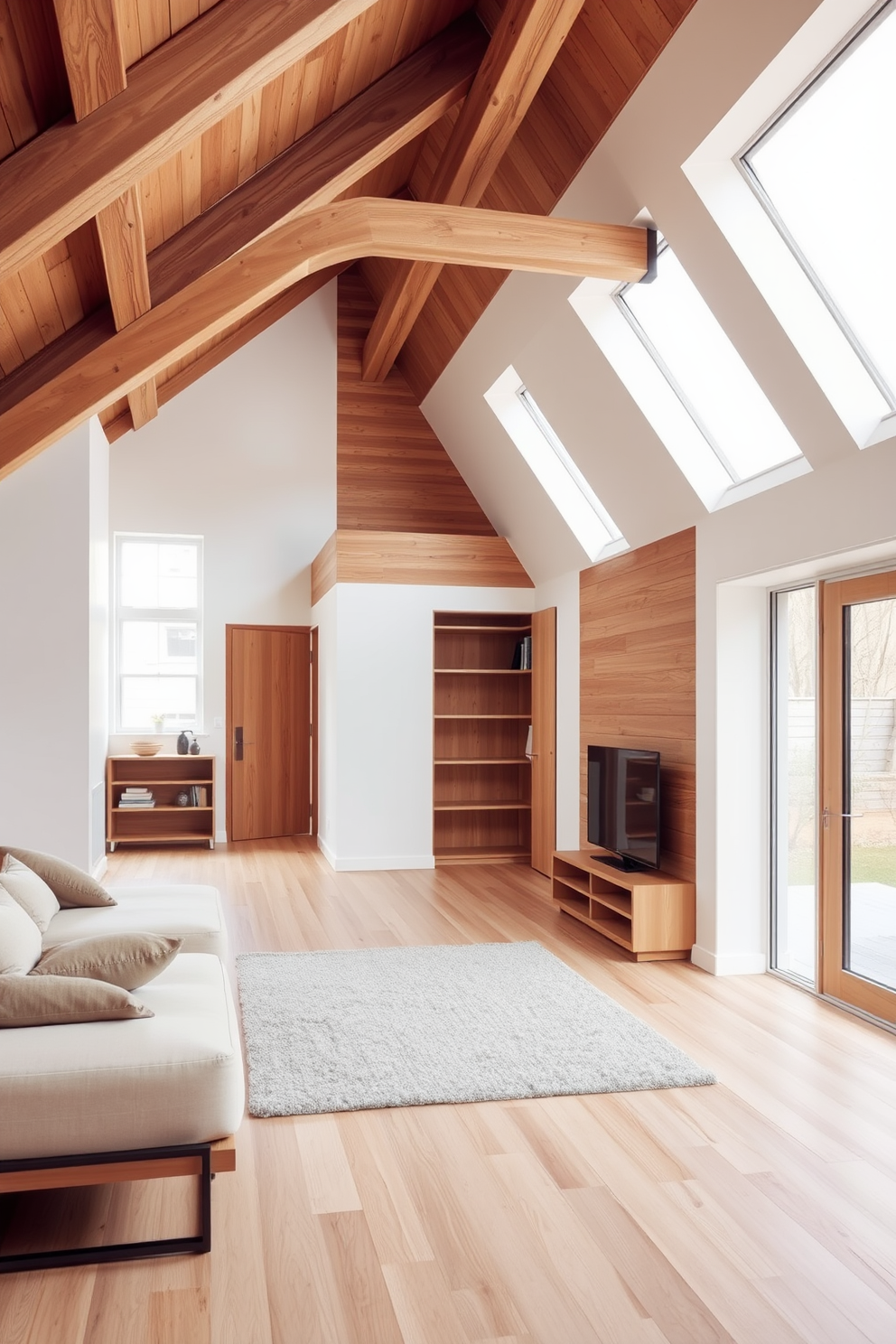 A serene minimalist space featuring wooden accents throughout. The room showcases a light wood floor, complemented by a wooden accent wall that adds warmth and texture. The furniture is simple yet elegant, with a low-profile wooden coffee table and a sleek wooden shelving unit. Natural light floods the space through large windows, enhancing the airy and open feel of the room. --- A cozy attic room designed with rustic wooden elements. Exposed wooden beams create a charming focal point, while a wooden ladder leads to a small reading nook. The walls are painted in soft neutral tones, allowing the natural wood features to stand out. Plush textiles and a warm color palette invite relaxation and comfort in this unique space.