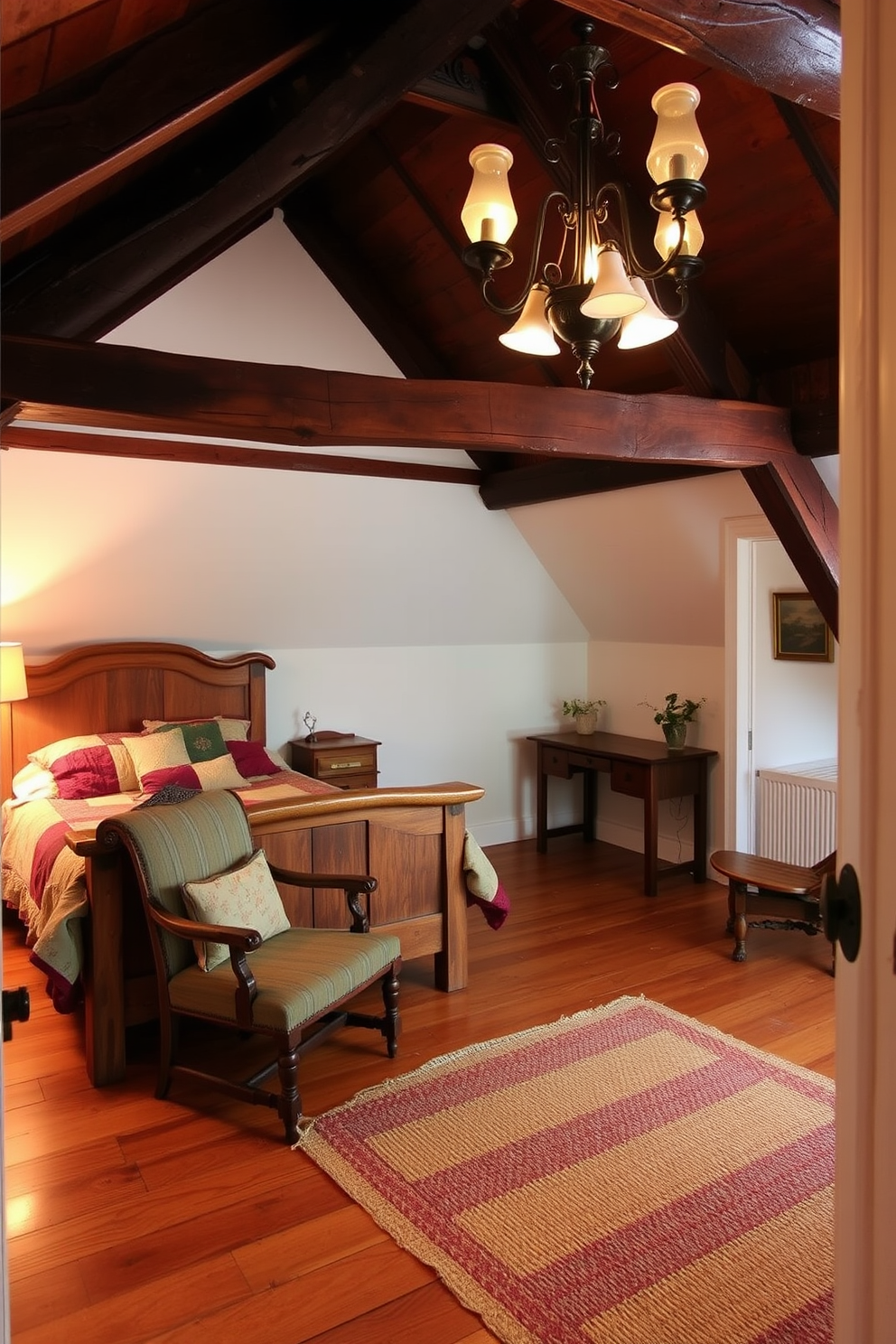 A cozy wooden attic room filled with antique wood pieces that exude a vintage vibe. The room features exposed beams and a sloped ceiling, with a rustic wooden bed adorned with a patchwork quilt. In one corner, a vintage armchair complements a small wooden side table, creating a perfect reading nook. Soft, warm lighting from a chandelier enhances the charm of the space, while a woven rug adds texture to the wooden floor.