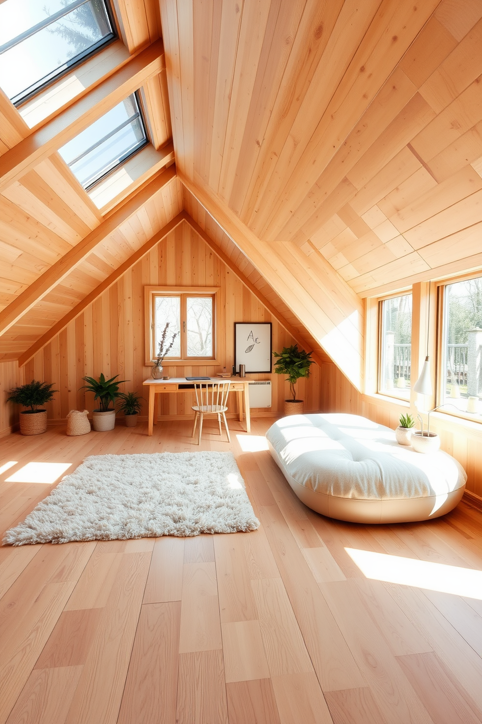 A cozy wooden attic room with light wood floors that create an airy and spacious atmosphere. The walls are lined with sloped wooden beams, and large windows let in abundant natural light, enhancing the warm tones of the wood. A plush area rug in soft neutral colors adds comfort to the space, while a minimalist wooden desk and chair provide a functional workspace. Decorative elements like potted plants and framed artwork bring a touch of personality and charm to the room.