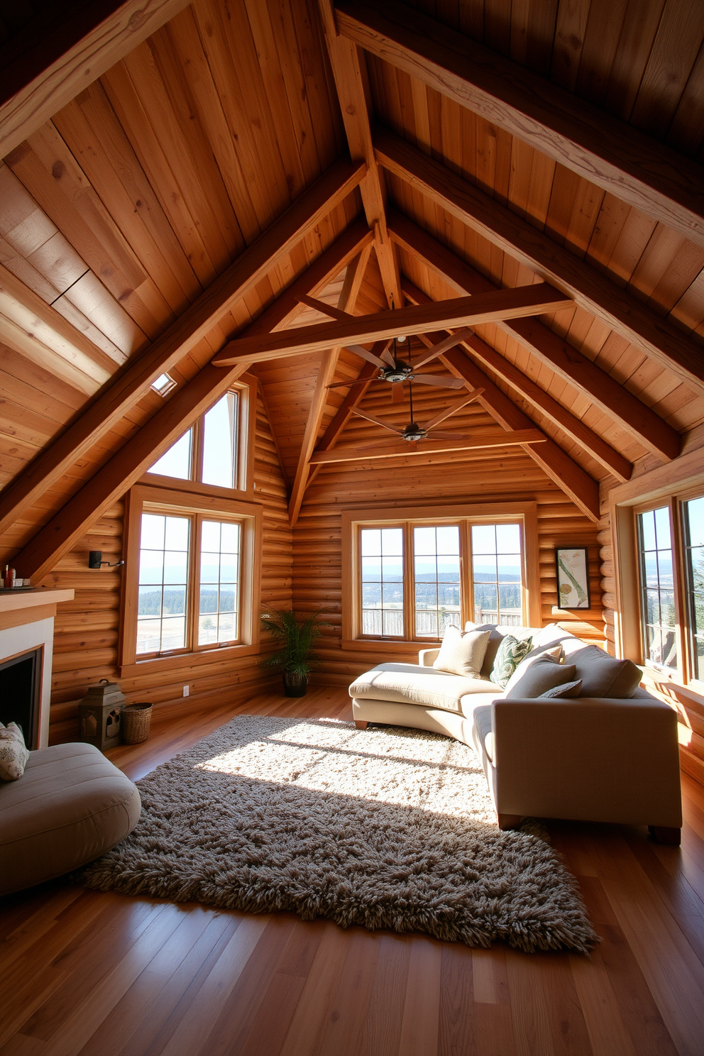 A cozy wooden attic room filled with natural light. Exposed wooden beams create a rustic charm while a mix of light and dark wood textures adds depth and visual interest. A plush area rug in neutral tones anchors the space, complemented by a comfortable seating area with oversized cushions. Large windows showcase the surrounding landscape, enhancing the room's inviting atmosphere.