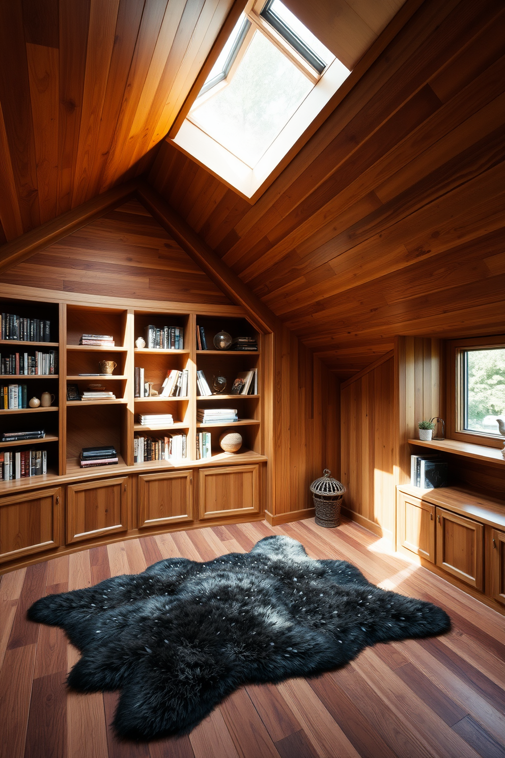 A cozy wooden attic room with built-in shelves that feature elegant wood accents. The shelves are filled with books and decorative items, creating a warm and inviting atmosphere. Natural light floods the space through a large skylight, illuminating the rich wood tones of the walls and ceiling. A plush area rug lies on the wooden floor, adding comfort and style to the room.