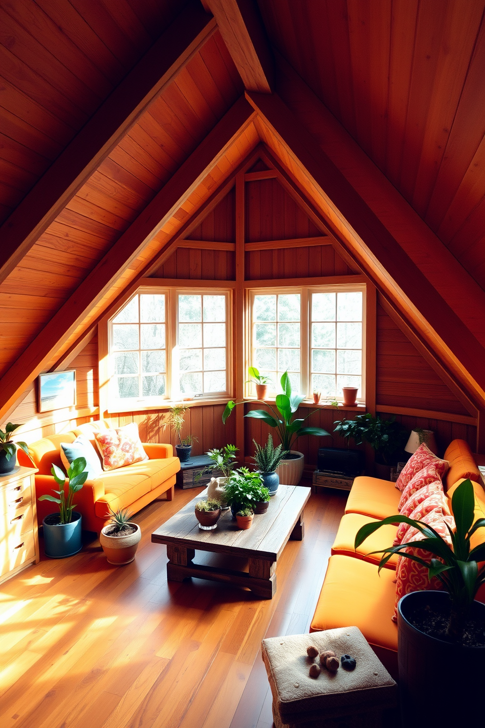 A cozy wooden attic room filled with warm wood tones and bright decor. The sloped ceiling is adorned with exposed beams, and large windows allow natural light to flood the space. The room features a comfortable seating area with a plush sofa in a vibrant color, complemented by colorful throw pillows. A rustic wooden coffee table sits in the center, surrounded by a collection of potted plants that add a touch of greenery.