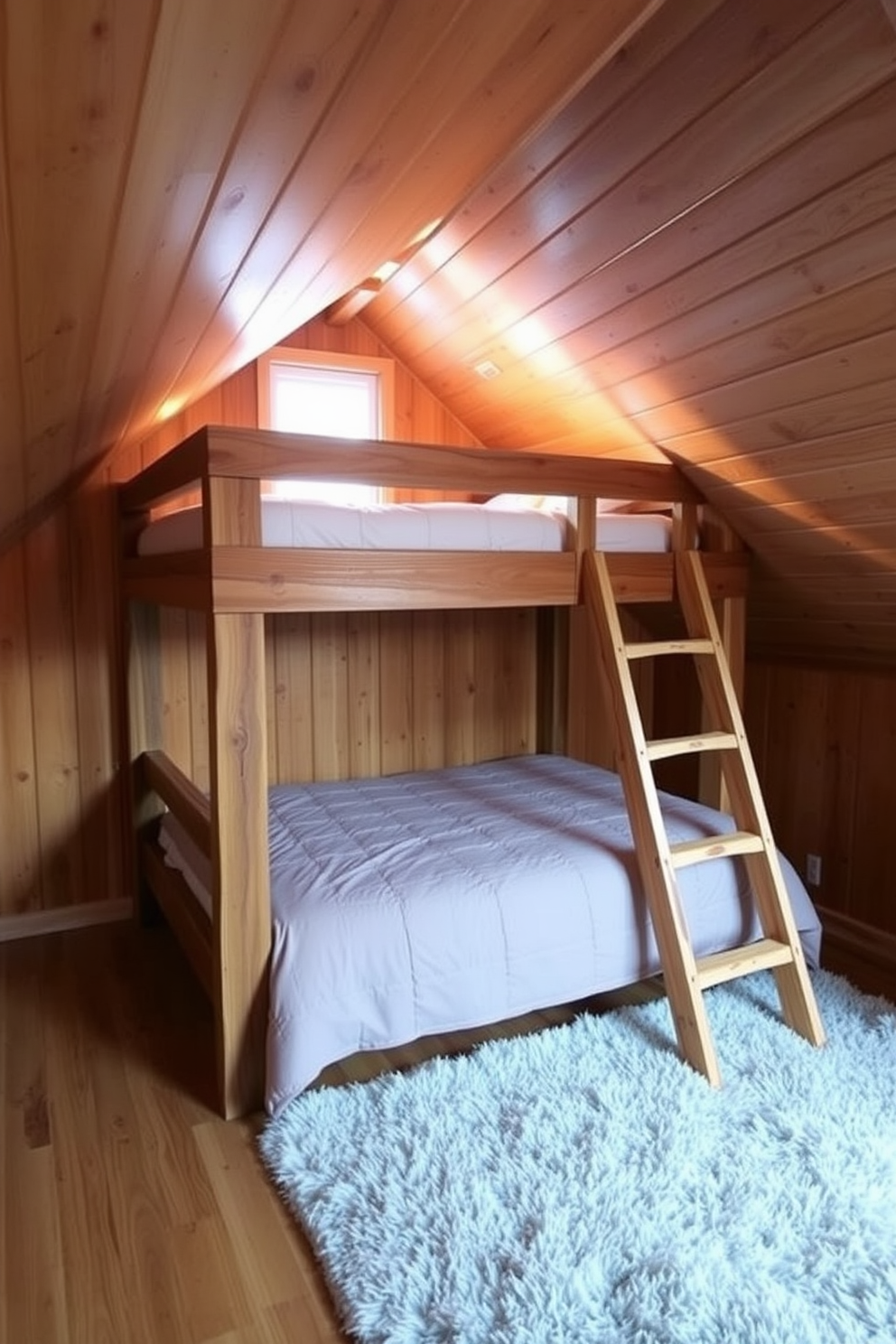 A cozy attic loft bed is positioned against the sloped ceiling, crafted from reclaimed wood for a rustic charm. A wooden ladder leans against the bed, providing easy access to the elevated sleeping area. The room features warm wood paneling that enhances the inviting atmosphere, complemented by soft ambient lighting. A plush area rug lies beneath the bed, creating a comfortable space for relaxation and play.