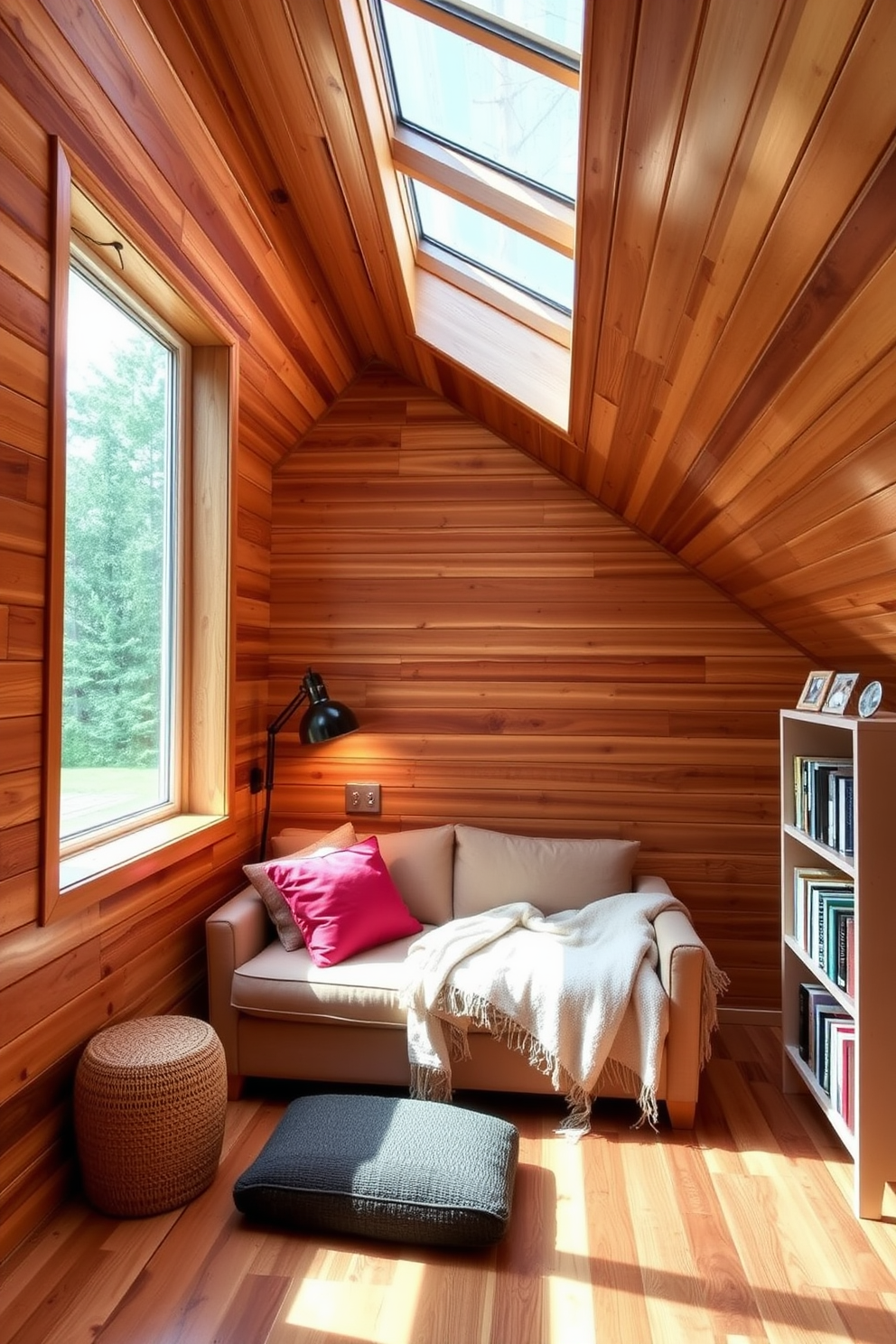 Create a cozy wooden attic room featuring a striking wooden accent wall as the focal point. The room is filled with natural light from a large skylight, highlighting the warm tones of the wood and creating an inviting atmosphere. Incorporate a comfortable seating area with plush cushions and a soft throw blanket, perfect for relaxation. Add a small bookshelf filled with books and decorative items to enhance the character of the space.