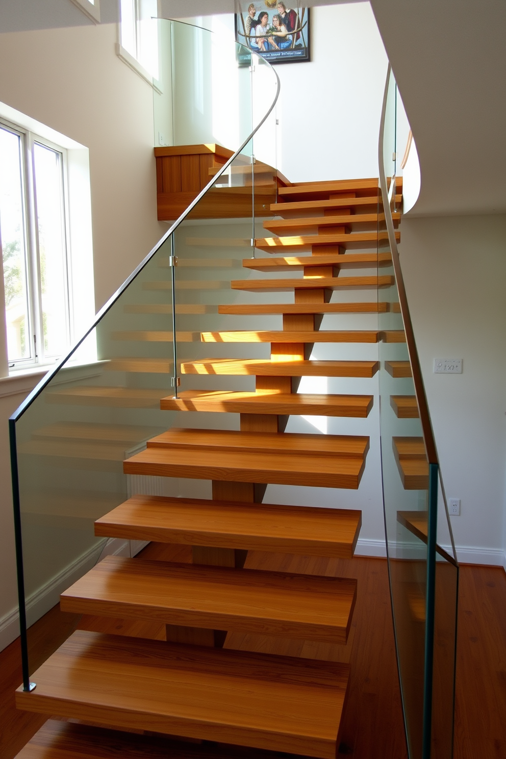 A stunning wooden staircase features floating treads that create a sense of openness and elegance. The glass railing enhances the modern aesthetic while providing safety and transparency. The staircase is illuminated by natural light streaming in from a nearby window, highlighting the rich wood grain of the treads. This design seamlessly integrates with the surrounding decor, making it a striking focal point in the home.