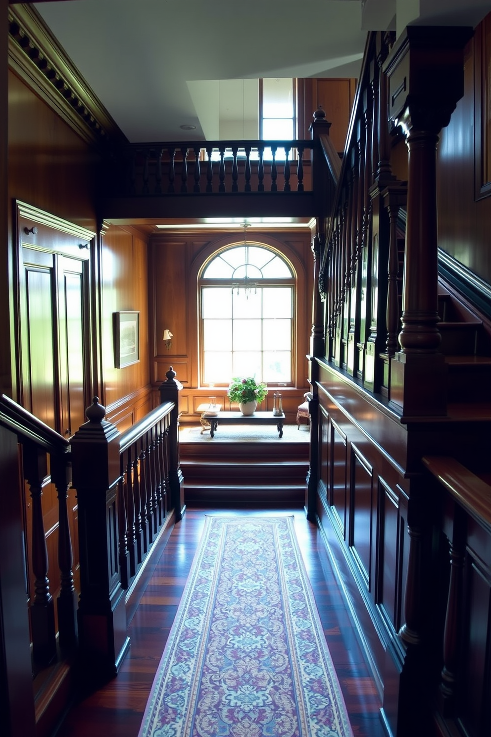 Classic wooden staircase with intricate carved details. The staircase features a polished mahogany finish and elegant balusters that enhance its timeless charm. The steps are wide and gracefully curved, leading to a spacious landing adorned with a vintage runner rug. Natural light floods the area through a large window, highlighting the craftsmanship of the woodwork.