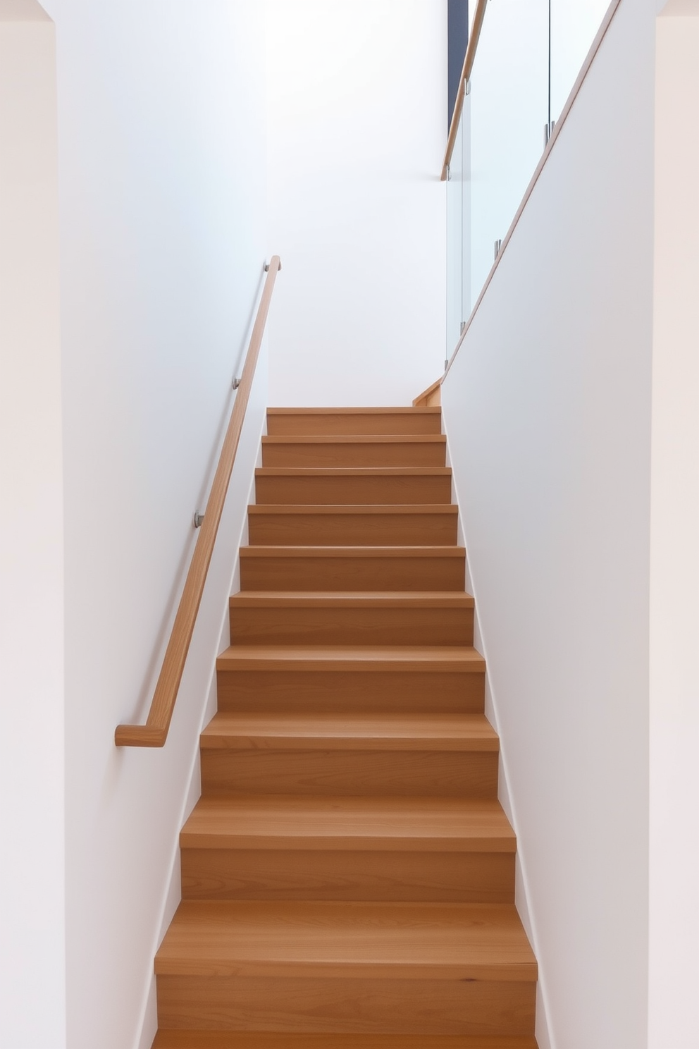 A minimalist staircase with simple lines features a sleek wooden design that seamlessly integrates with the surrounding space. The steps are crafted from light oak, creating a warm contrast against the white walls, while a glass railing enhances the airy feel of the area.