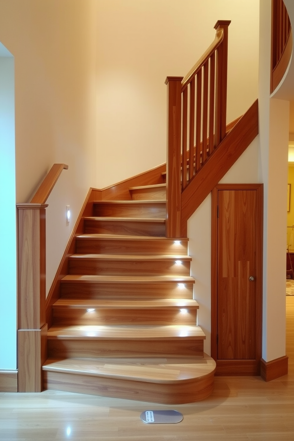 A stunning wooden staircase with integrated lighting features smooth, polished steps that highlight the natural grain of the wood. Soft LED lights are embedded along the sides, casting a warm glow that enhances the staircase's elegance and creates a welcoming atmosphere. The handrail is crafted from the same rich wood, providing a seamless flow to the design. The surrounding walls are painted in a light neutral tone, allowing the staircase to stand out as a focal point in the entryway.