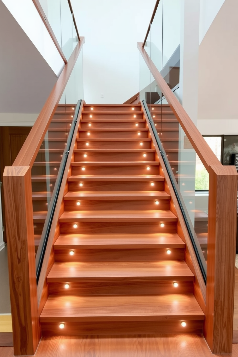 A contemporary staircase with a walnut finish features sleek, clean lines that enhance the modern aesthetic of the home. The staircase is flanked by glass railings that create an open and airy feel, allowing natural light to flow through the space. The treads are wide and inviting, showcasing the rich grain of the walnut wood. Soft LED lighting is embedded along the steps, providing a warm glow that highlights the craftsmanship and elegance of the design.