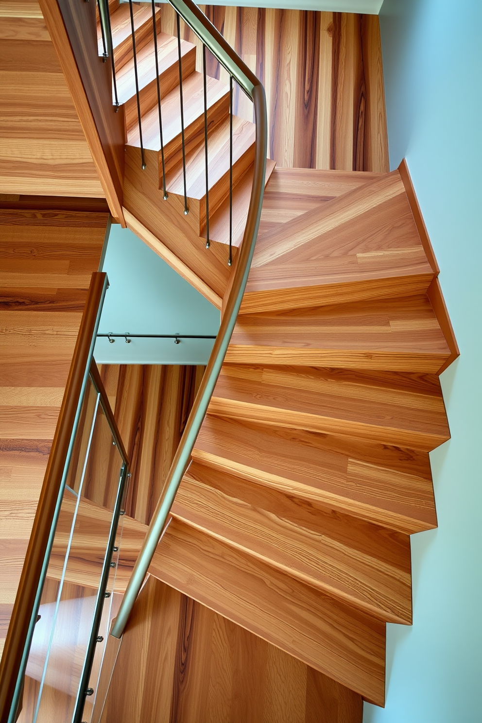 A striking geometric wooden staircase with clean lines and a contemporary design. The staircase features a mix of light and dark wood tones, creating a dynamic visual effect. The treads are wide and flat, enhancing both style and functionality. Sleek metal railings complement the wood, adding a modern touch to the overall aesthetic.