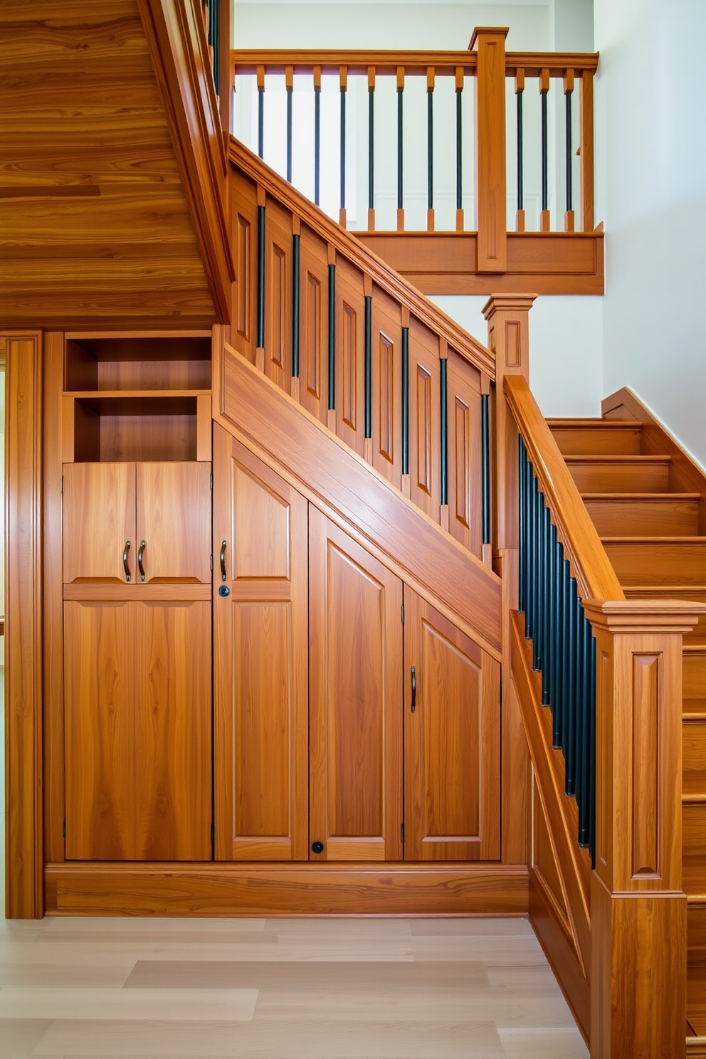 A stunning wooden staircase features elegant built-in storage seamlessly integrated into the design. The warm wood tones of the staircase contrast beautifully with the bright white walls, creating a welcoming atmosphere.