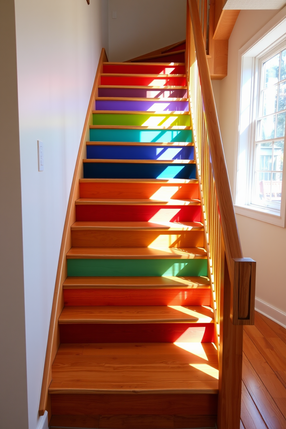 A captivating wooden staircase features painted risers in vibrant colors that add a playful touch to the space. The warm tones of the wooden treads create a beautiful contrast with the lively hues of the risers, enhancing the overall aesthetic. The staircase is illuminated by natural light streaming through a nearby window, highlighting the craftsmanship of the wood. A sleek handrail complements the design, ensuring safety while maintaining a modern look.